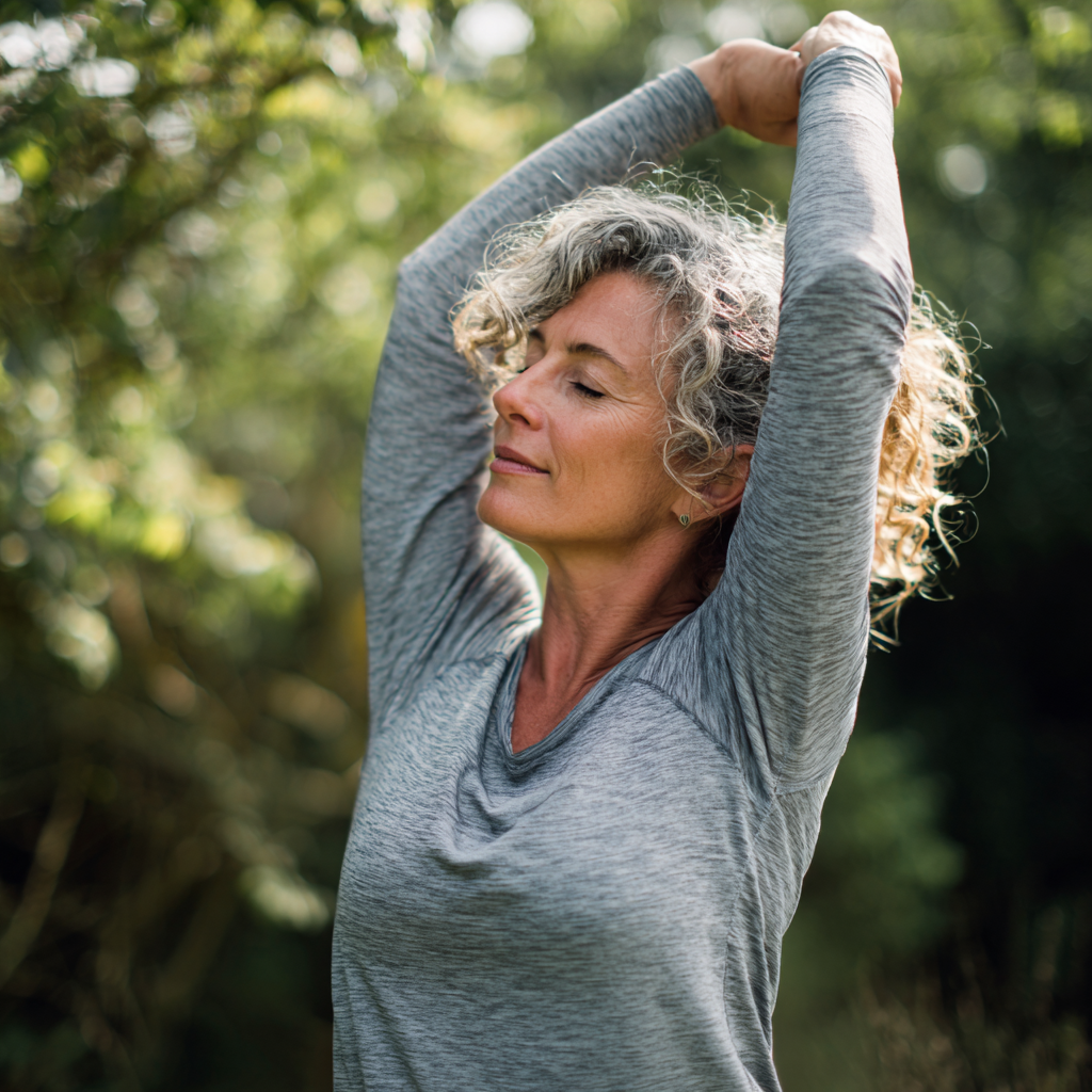 Middle-aged adult performing gentle stretching exercises in natural outdoor setting